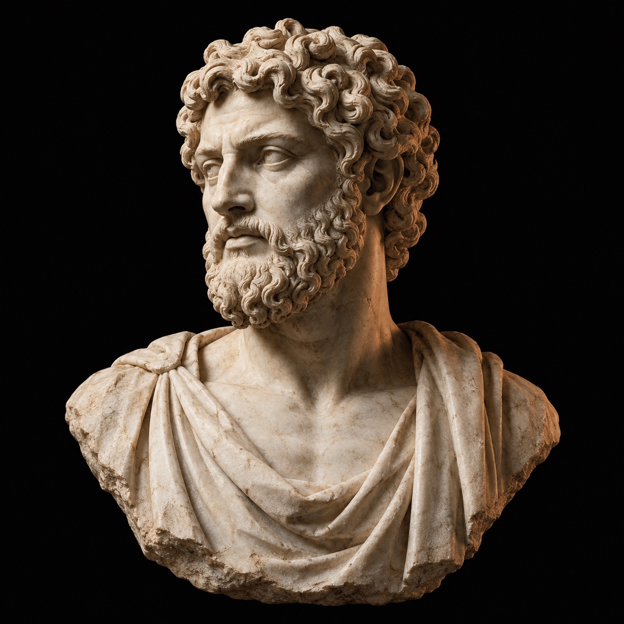 An ivory marble Roman-style philosopher bust against darkness